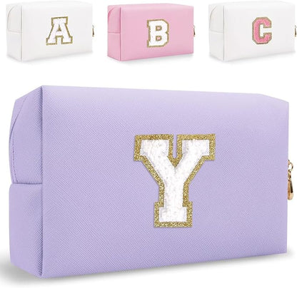 Small Personalized Letter Makeup Bag, Cute PU Leather Chenille Letters Cosmetic Bag Travel Makeup Pouch, Preppy Travel Organizer Zipper Pouch for Women&Girls（Purple-Y）