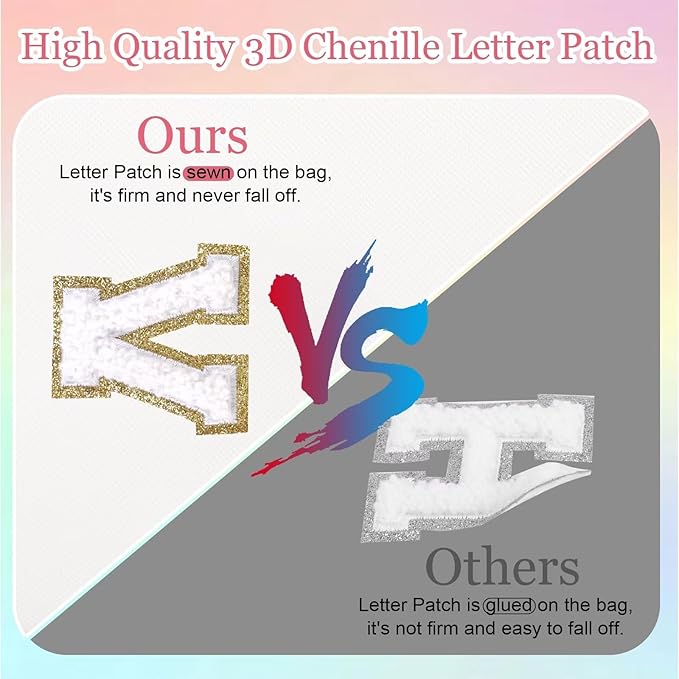 Small Personalized Letter Makeup Bag, Cute PU Leather Chenille Letters Cosmetic Bag Travel Makeup Pouch, Preppy Travel Organizer Zipper Pouch for Women&Girls（White-T）