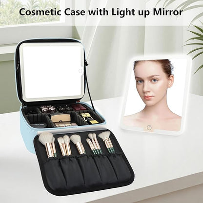 Travel Makeup Bag with LED Mirror Travel Makeup Organizer with 3 Lighted Settings, Adjustable Dividers and Makeup Brush Storage Bag Light Blue