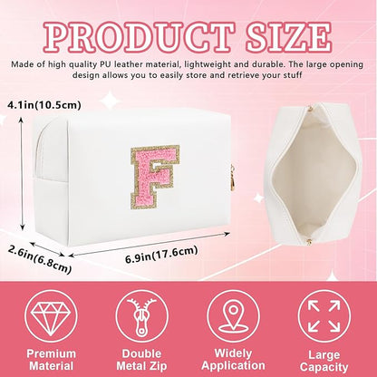 Personalized Initial Letter Patch Makeup Bag, Preppy Portable Chenille Letter Cosmetic Bag with Zipper, PU Leather Waterproof Travel Toiletry Bag Monogram Make Up Pouch for Women Girls(Letter F)