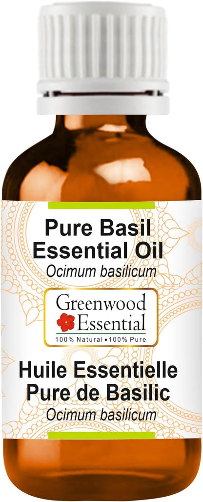 Greenwood Essential Basil Essential Oil (Ocimum basilicum) Pure | Non-Sticky | Non-Greasy | Lightweight | Men & Women | All Skin Types | Steam Distilled 15ml (0.50 oz)