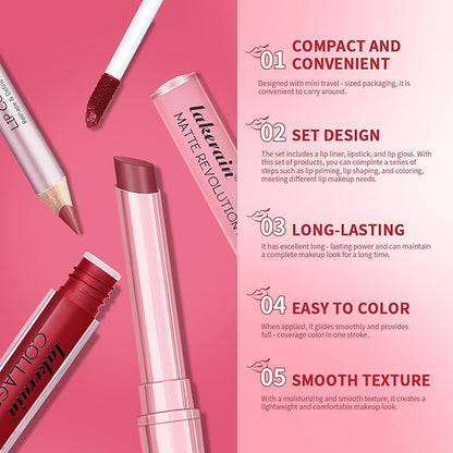 3PCS Lip Liner and Lipstick Combo Set - Matte Lip Liner Pencil, Velvet Matte Lipstick & Hydrating Collagen Lip Gloss - Long-Lasting, Smudge-Proof, High Pigment Nude Brown Lip Makeup Kit (#2 Red Rose)