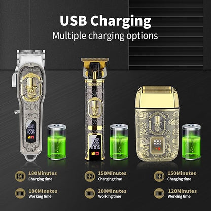 HIENA PRO Professional Hair Clipper Set for Men, Rechargeable Cordless Clippers and Trimmers Set, Electric Foil Shavers and Beard Trimmers, Hair Cutting Tools with LED Display, Gifts for Men