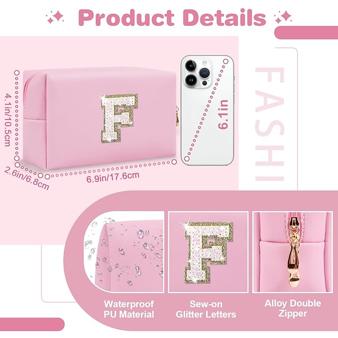 Small Personalized Initial A-Z Patch Makeup Bag,Pink Cute PU Leather Glitter Letter Cosmetic Bag for Teen Girls,Travel Toiletry Bag with Zipper,Preppy Monogrammed Birthday Gift for Daughter Niece F