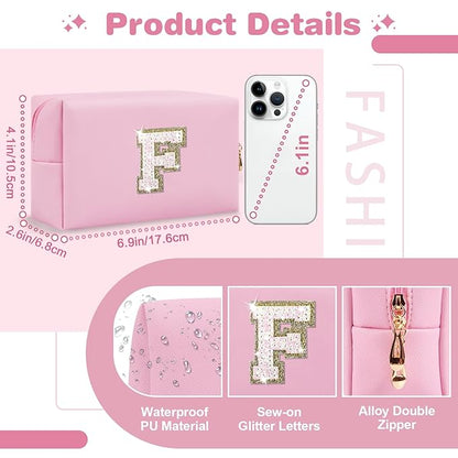 Small Personalized Initial A-Z Patch Makeup Bag,Pink Cute PU Leather Glitter Letter Cosmetic Bag for Teen Girls,Travel Toiletry Bag with Zipper,Preppy Monogrammed Birthday Gift for Daughter Niece F