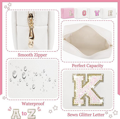 Initial Letter Patch Makeup Bag, Small Preppy A-Z Glitter Letter Cosmetic Bag, PU Leather Waterproof Travel Toiletry Bag, Cute Make Up Pouch Personalized Monogrammed Gift for Women Teen Girls