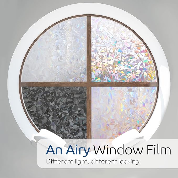 rabbitgoo Window Privacy Film Rainbow Film Decorative Window Sticker, 3D Static Stained Glass Cling Tint for Home Heat Control Non-Adhesive, 11.8 x 157.4 inches