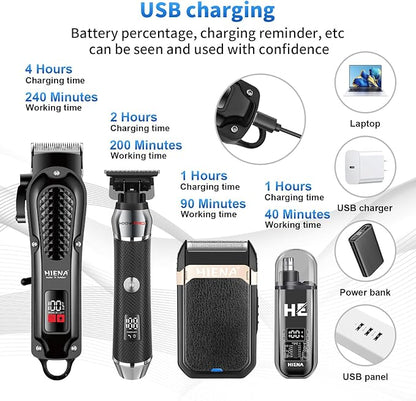 HIENA PRO Professional Cordless Hair Clippers for Men, T-Blade Beard Trimmer & Foil Shaver & Nose Hair Trimmer Set, Rechargeable Electric Barber Hair Cutting Grooming Kit