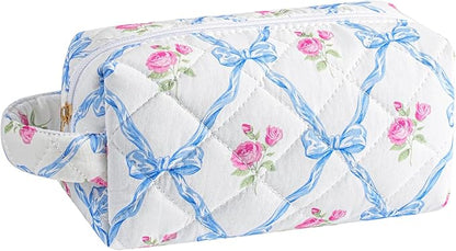 JOVAKIT Travel Makeup Bag Cosmetic Bag for Women, Christmas Gifts, Small Floral Flowers Coquette Toiletry Bag with Handle, Zipper Make Up Pouch Organizer Bag Trendy Stuff (Blue Bowknot)
