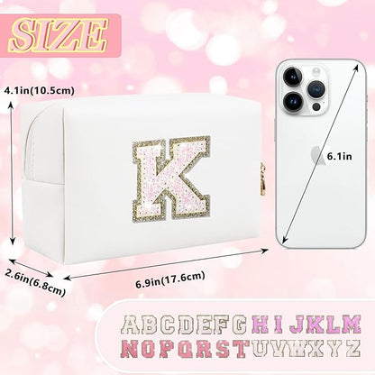 Initial Letter Patch Makeup Bag, Small Preppy A-Z Glitter Letter Cosmetic Bag, PU Leather Waterproof Travel Toiletry Bag, Cute Make Up Pouch Personalized Monogrammed Gift for Women Teen Girls