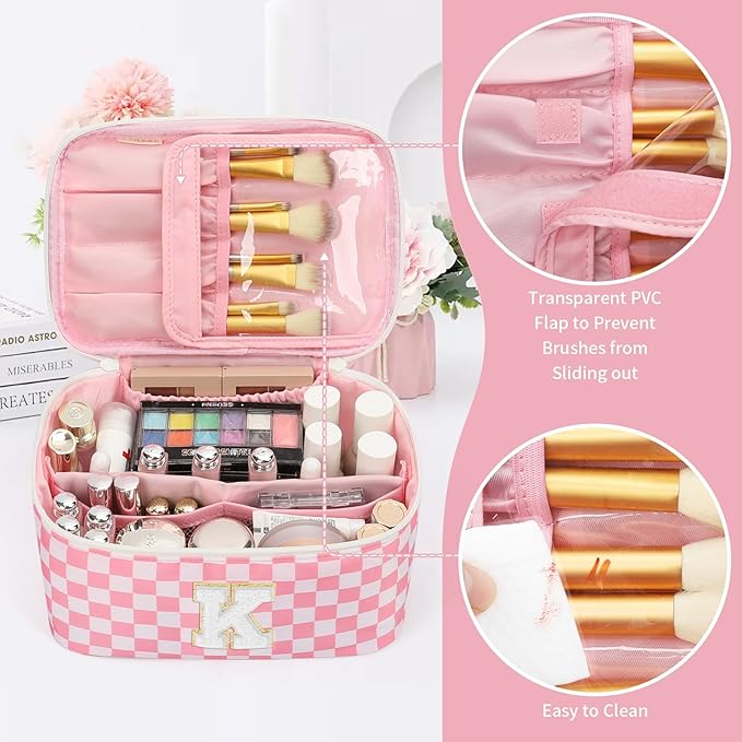 OCHEAL Makeup Bag for Women, Monogram Cosmetic Bag with Brush Holder, Pink Travel Makeup Case Beauty Toiletry Bag Organizer Personalized Gifts for Girls Bridesmaid, Sister, Wife, Friends Initial K