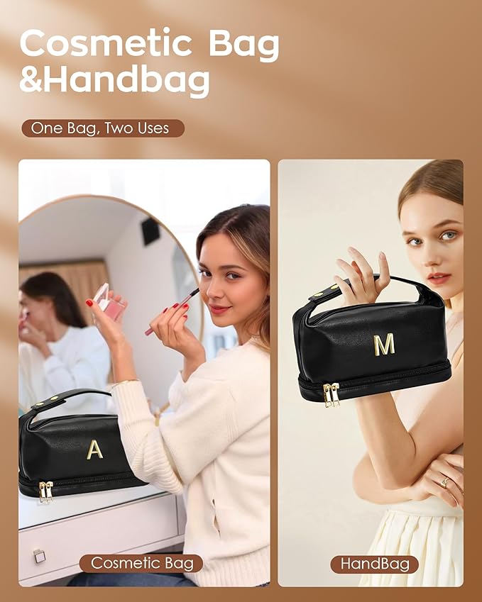 Initial Makeup Bag Personalized Bags with Handle, Gifts for Women In Their 20S Cosmetic Bag, Bridal Shower Gift for BrideMakeup Bags Letter Travel Toiletry Bag with Makeup Brush Organizer