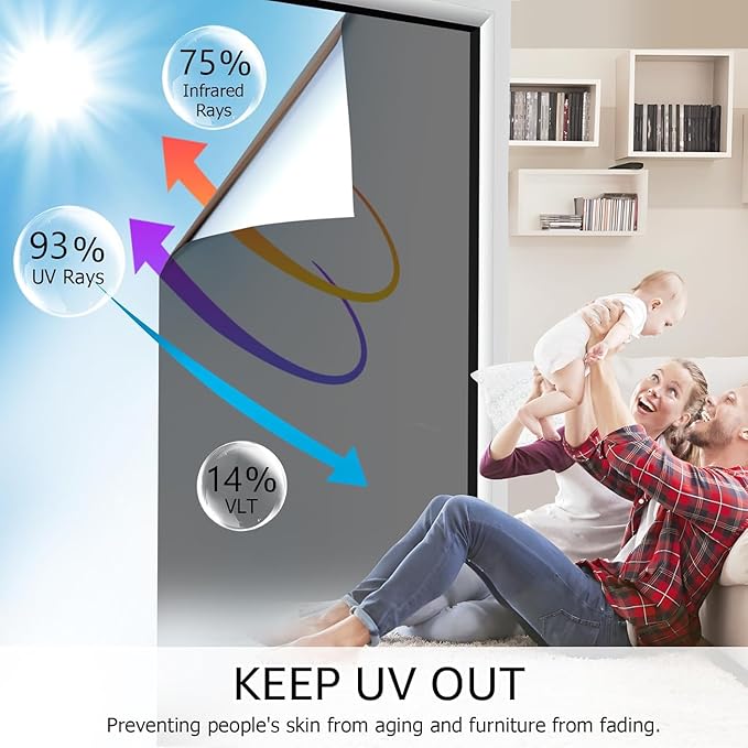 HIDBEA One Way Window Film, Daytime Privacy Sun Blocking Reflective Window Film No Glue Static Cling Heat Control Window Tinting Film for Home and Office, Black Silver, 55.1 x 196.86 Inch