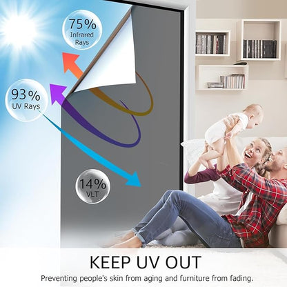 HIDBEA One Way Window Film, Daytime Privacy Sun Blocking Reflective Window Film No Glue Static Cling Heat Control Window Tinting Film for Home and Office, Black Silver, 23.6 x 78.7 Inch