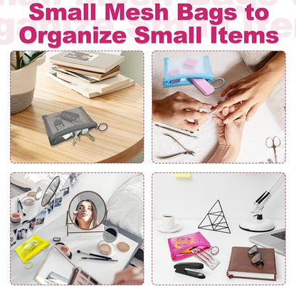 Mini Mesh Pouches(4 Pack), Small Mesh Bags with Zipper Nylon Makeup Pouches Bag Cosmetic Pouch Travel Purse Organizer Insert Diaper Inside Bag Organizers Home Organizing Size See Through Cute Colors