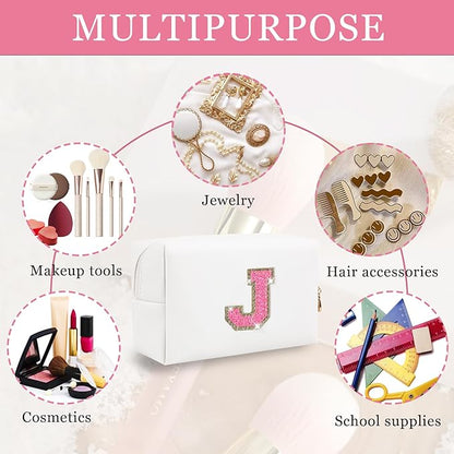 Initial Letter Patch Makeup Bag, Small Preppy A-Z Glitter Letter Cosmetic Bag, PU Leather Waterproof Travel Toiletry Bag, Cute Make Up Pouch Personalized Monogrammed Gift for Women Teen Girls