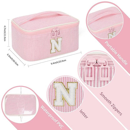 OCHEAL Makeup Bag for Women, Monogram Cosmetic Bag with Brush Holder, Pink Travel Makeup Case Beauty Toiletry Bag Organizer Personalized Gifts for Girls Bridesmaid, Sister, Wife, Friends Initiall N