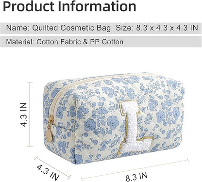 Gleyemor Personalized Initial Makeup Bag for Women, Cute Quilted Blue Floral Cotton Cosmetic Bag, Christmas Gifts for Her Mom Friend Sister Bridesmaid Teacher Women L