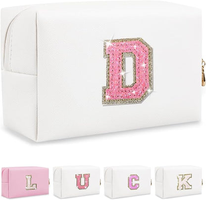 Personalized Initial Letter Makeup Bag, Preppy Glitter Letter Patch Cosmetic Pouch Zipper,PU Waterproof Travel Toiletry Bag Cute Makeup Organizer Monogrammed Make Up Bag,Gift for Women Girls