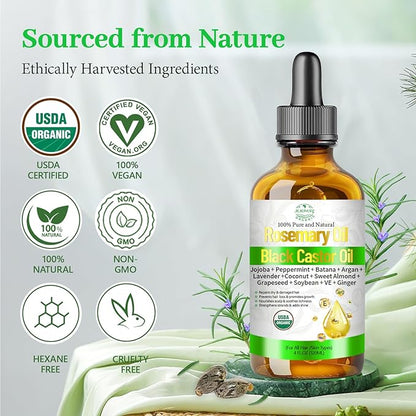 Organic Rosemary Oil for Hair Growth, Rosemary Oils with Castor – USDA Certified Cold Pressed Blend Hair Oil for Thicker, Fuller Hair, Soothe Itchy Scalp & Repair Damaged Hair – 4 fl oz
