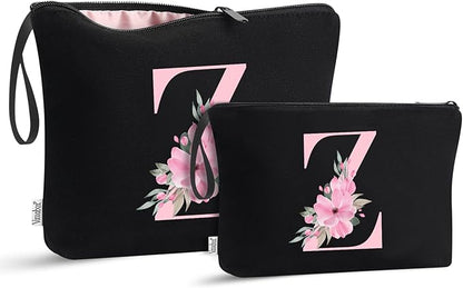 Vavabox A-Z Personalized Makeup Bag, Birthday Gifts for Women Mom, Gifts for Best Friend, Bride Bridesmaid Cosmetic bag (Z, 04-Black Set)