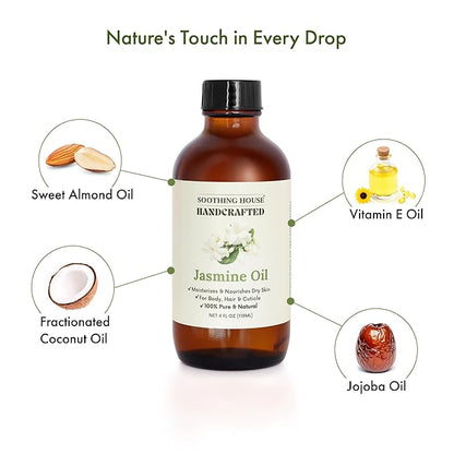 Jasmine Body, Hair & Nail Oil: Nourishing & Fast-Absorbing, Lightweight Glow, with Vitamin E, Jojoba & Sweet Almond, All-Natural, 4 Fl Oz