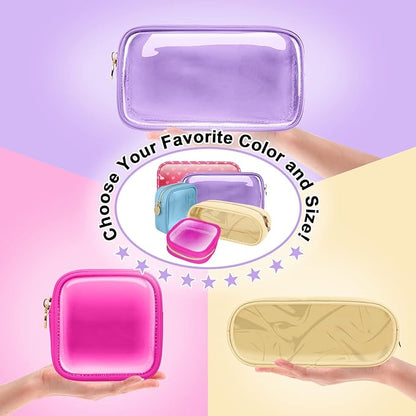 Small Clear Travel Makeup Organizer Bag for Purse, Cute Makeup Bag Preppy Cosmetic Zipper Pouch Purse, Transparent PVC & Nylon Waterproof Make Up Brush Bag Toiletry Storage for Women Girls(Purple)