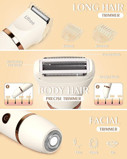 Ufree Bikini Trimmer Electric Razors for Women, Rechargeable Pubic Hair Trimmer Electric Shaver for Legs Body Hair, Bikini Shaver IPX7 Waterproof, White
