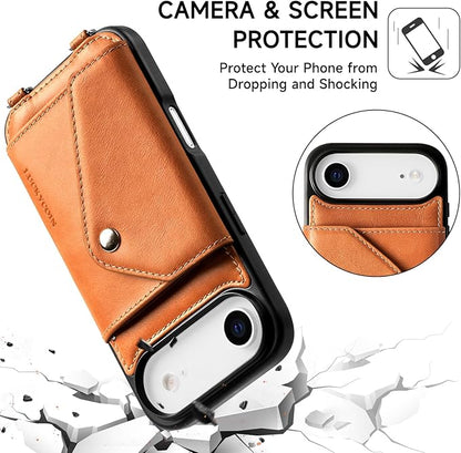 LUCKYCOIN Crossbody Wallet Phone Case for iPhone Air,100% Genuine Leather Wallet Phone Case with Expandable Flip Card Holder,Phone Purse for Women with Adjustable Removable Strap - Tan