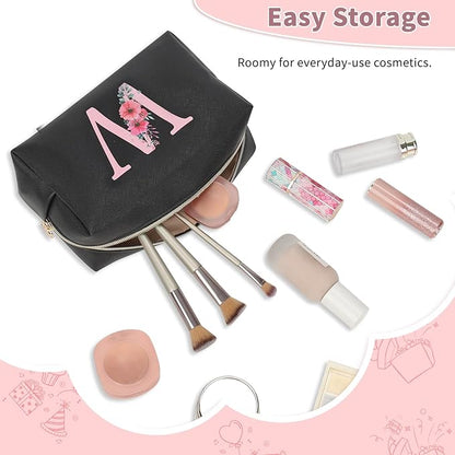 Personalized Initial Makeup Bag, Birthday Gifts for Women and Girls, Small Makeup Pouch Travel Toiletry Bag, Make Up Organizer Bag Gift Trendy Stuff for Friend Mom Teacher, Black