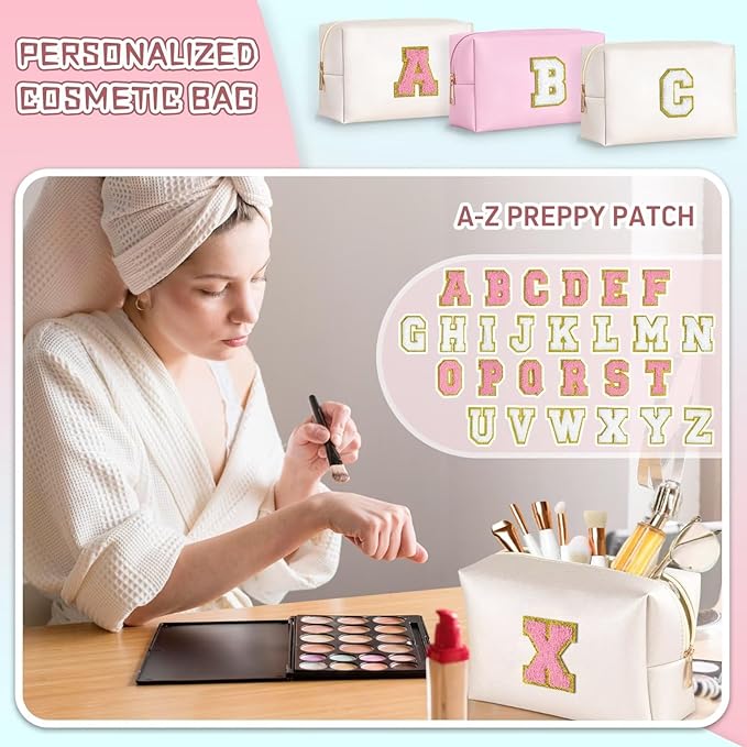 TOPEAST Preppy Makeup Bag, Cute Makeup Pouch PU Leather Waterproof Cosmetic Bag, Personalized Birthday Gifts for Mom Teacher Friends Bridesmaids Nurse, Trendy Stuff for Girls (Pearly White I)