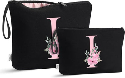 Vavabox A-Z Personalized Makeup Bag, Birthday Gifts for Women Mom, Gifts for Best Friend, Bride Bridesmaid Cosmetic bag (I, 04-Black Set)