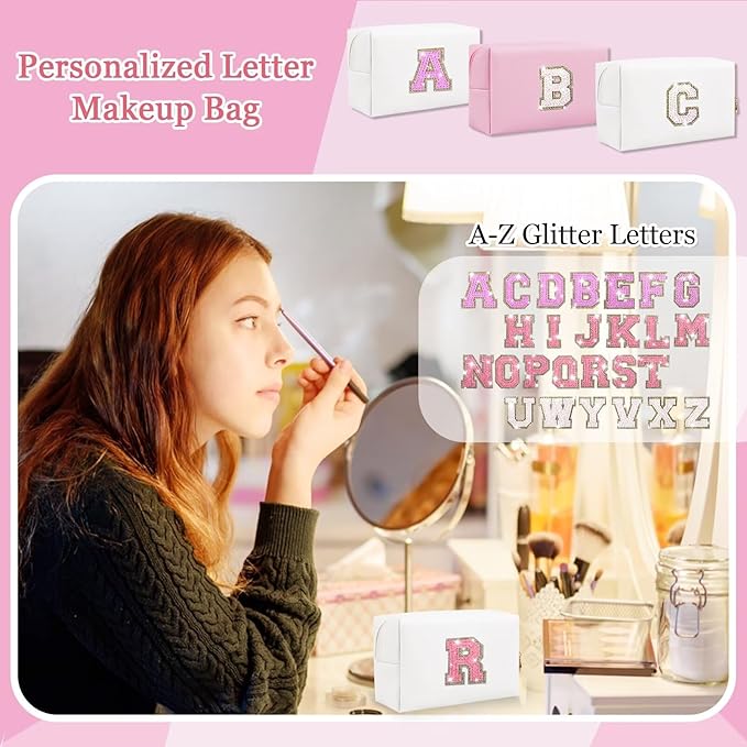Glitter Initial Letter Makeup Bag, Small Personalized Sequins Letters PU Leather Cosmetic Bag Portable Waterproof Makeup Zipper Pouch, Shine Handbag Organizer Travel Bag Gifts for Women&Girls(White-R)