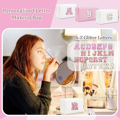 Glitter Initial Letter Makeup Bag, Small Personalized Sequins Letters PU Leather Cosmetic Bag Portable Waterproof Makeup Zipper Pouch, Shine Handbag Organizer Travel Bag Gifts for Women&Girls(White-R)