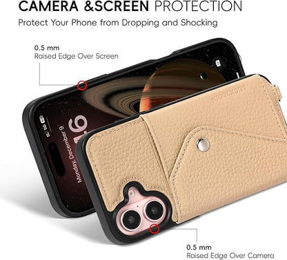 LUCKYCOIN Crossbody Wallet Phone Case for iPhone 16,100% Genuine Leather Wallet Phone Case with Expandable Flip Card Holder,Phone Purse for Women with Adjustable Removable Strap - Pebble Beige