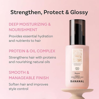 Korean Hair Serum Mist – Argan Oil & Silk Protein Ampoule for Nourishing, Frizz Control & Glass Hair Shine – White Floral Musk, 100ml / 3.38 fl oz