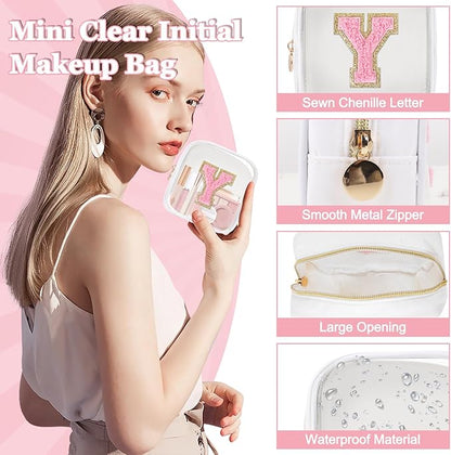 Mini Clear Personalized Initial Makeup Bag, Small Preppy A-Z Chenille Letter Patch Cosmetic Pouch, Transparent PVC & Nylon Waterproof Zip Beach Toiletry Bag,Gift for Women Girls(White-Pink Y)