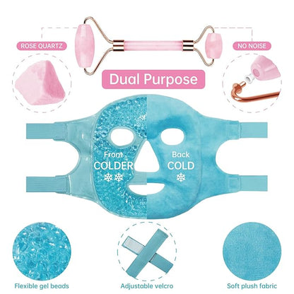 ZNÖCUETÖD Ice Face Facial Jade Roller and Ice Face Mask Cold Cooling Gel Mask Gift Set for Women Aging Wrinkles Lifting Firming Puffy Eyes, Eye Face Neck Roller Massager SPA Tools