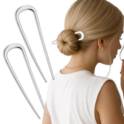 2PCS 4.2Inch French Hair Pins U-Shaped Pins for Women and Girls Fashion Metal Hair Pin French Twist Hair Pins for Buns, Updos,Stylish and Functional(set1-silver)