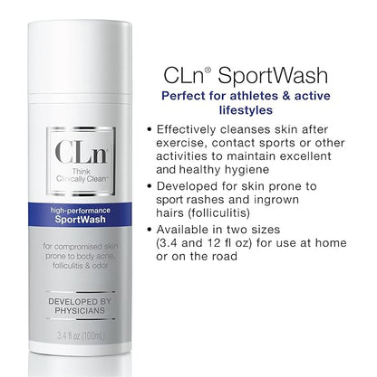 CLn® SportWash – High-Performance Sport Body Wash, For Men & Women Prone to Body Odor, Foot Odor, Ringworm, Folliculitis, & Back Acne, Fragrance-Free & Paraben-Free, 3.4 fl. oz.
