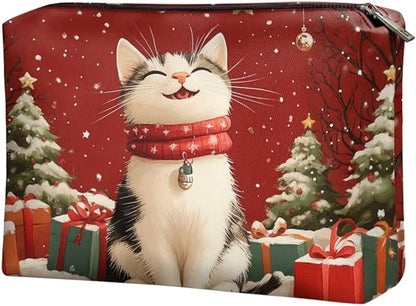 COEQINE Christmas Cat Makeup Bags for Women Travel Leather Make Up Pouch Portable Cosmetic Bag Waterproof Travel Makeup Case Organizer for Womens Birthday Xmas Gifts Toiletry Handbag for Holiday
