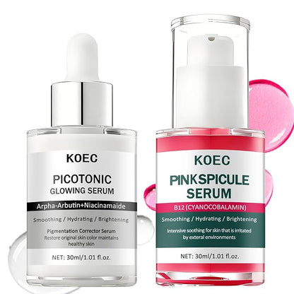 Dual-Action Acne Serum & Pico Tonique Essence Set - Minimizes Pores · Evens Skin Tone, Featuring Calcium Arbutin Ampoules, Niacinamide, Collagen - 1.01 fl oz (2-Bottle Set) (1)