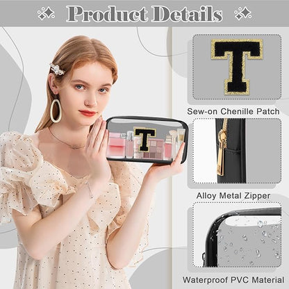 Personalized Initial Letter Clear Makeup Bag,Preppy Small Nylon&PVC Cosmetic Zipper Bag with Chenille Letter,Travel Skincare Toiletry Bag,Monogram Christmas Gift for Teen Girls Women,T