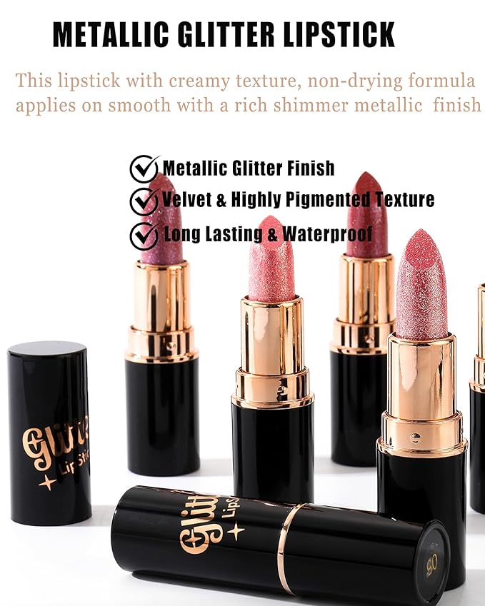 Rose Pink Metallic Glitter Lipstick Long Lasting,Diamond Nude Shimmer Lip Gloss High Pigment Lip Red Color Matte Lip Stick for Women,Sparkling Shiny Transfer Proof Non Stick Tinted Lip Balm Makeup-03