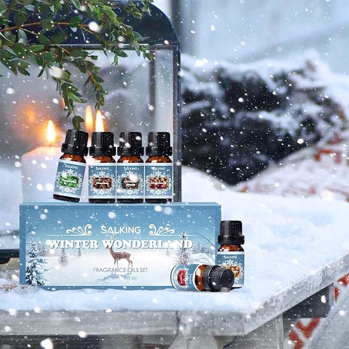 SALKING Winter Set of Scented Oils, Premium Fragrance Essential Oils Gift Set for Diffuser, Soap & Candle Making Scents - Cinnamon, Christmas Wreath, Sugar Cookie, Cranberry, Peppermint, Gingerbread