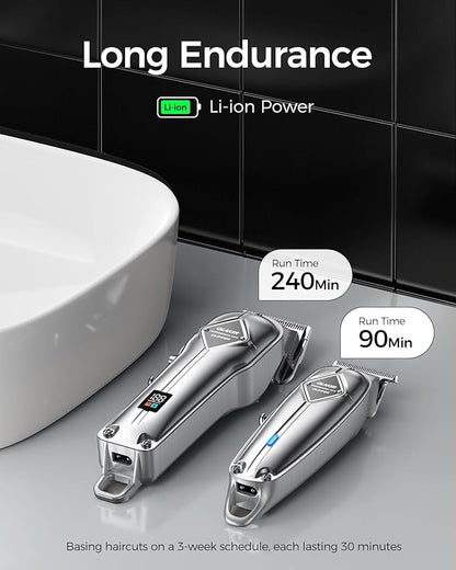 GLAKER Hair Clippers for Men Professional - Cordless Clippers and Trimmers Set, Complete Barber Kit for Hair Trimming & Beard Grooming, Mens Haircutting Kits for Blending & Fade Cuts (Silver)