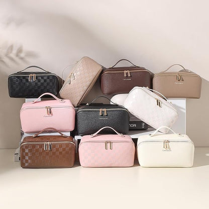 Makeup Bag, Travel Toiletry Bag for Women, Large Capacity Waterproof PU Leather Cosmetic Bags Make Up Organizer Bags with Headband and Wristband Set (Light Brown, Lychee)