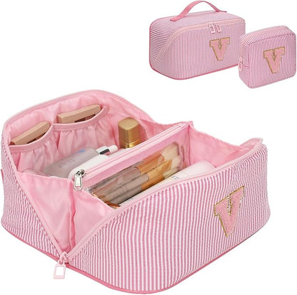 Travel Makeup Bag for Women, 2Pcs Portable Personalized Initial Makeup Organizer Bag, Open Flat Large Cosmetic Bag With Travel Essential Pouch (Pink Letter V)