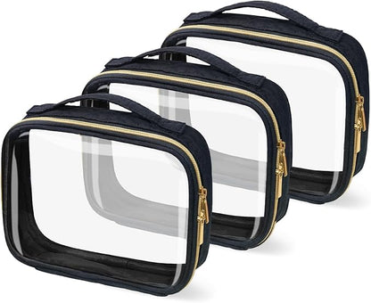 TSA Approved Travel Toiletry Bag,3 Pack Clear Makeup Bags with Handles,Quart Size Clear Cosmetic Bags for Traveling Women,Men,Carry on Airport Airline Compliant Bag,Black