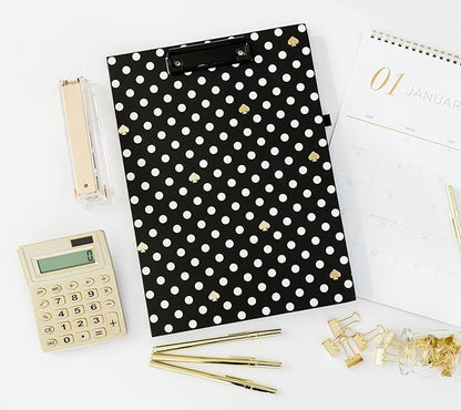 Kate Spade New York A4 Clipboard Folio with Low Profile Clip, Black Professional Padfolio Includes Lined Notepad, Pen Loop, and Pocket, Polka Dots